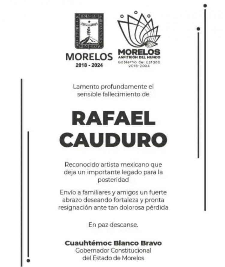 Lamenta gobierno de Morelos fallecimiento del artista mexicano Rafael Cauduro