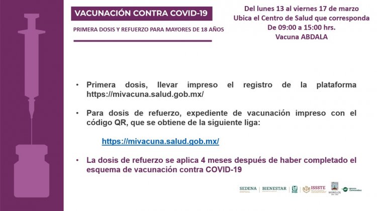 Habrá 94 puntos de vacunación contra covid-19 para los adultos