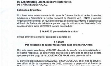 Ya se fijó un precio final de $16 mil 650 por Ton.  de la vara dulce