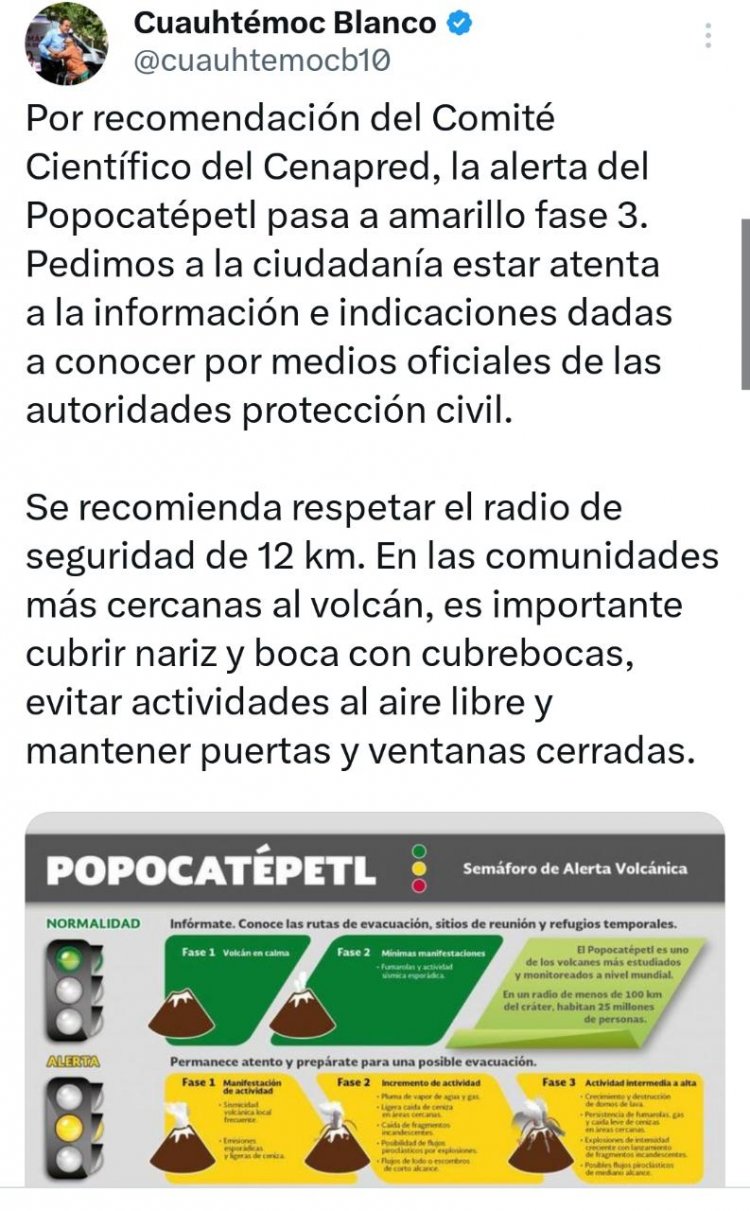 Pide Cuauhtémoc Blanco mantenerse alerta por el Popocatépetl