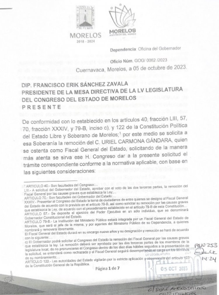 Pide gobierno a diputados la remoción de Uriel Carmona