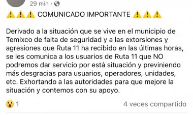 No habrá servicio de la ruta 11 de Temixco por inseguridad
