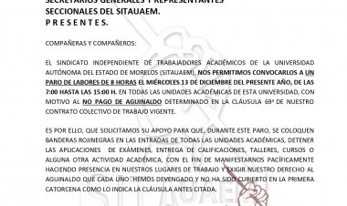 Realizará SITAUAEM paro de labores  mañana, por el no pago del aguinaldo