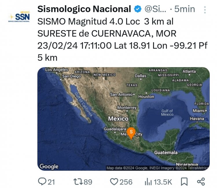 Se busca conocer si hubo daños por el temblor de esta tarde en Cuernavaca