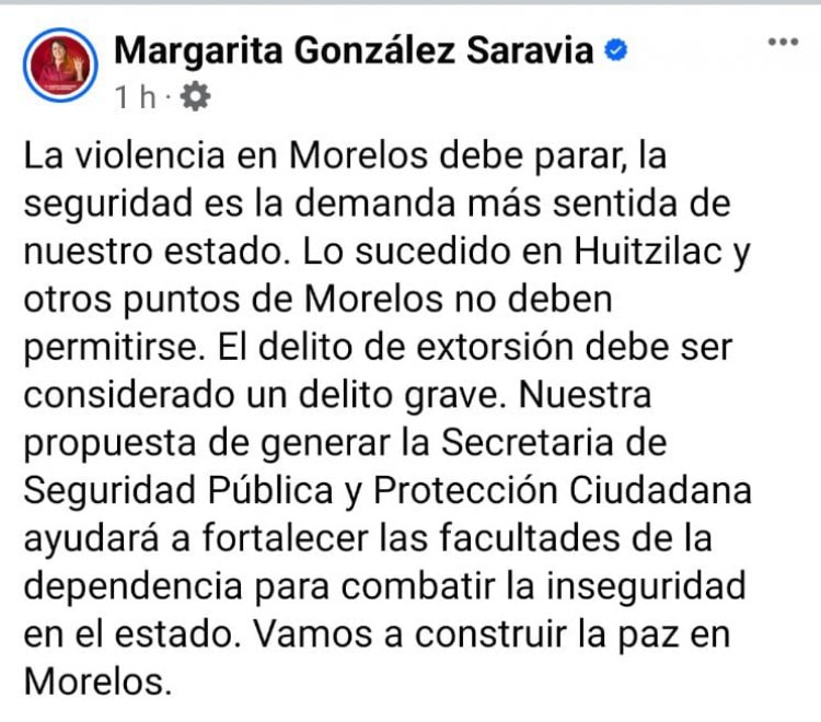La violencia en Morelos debe parar: Margarita Gónzalez