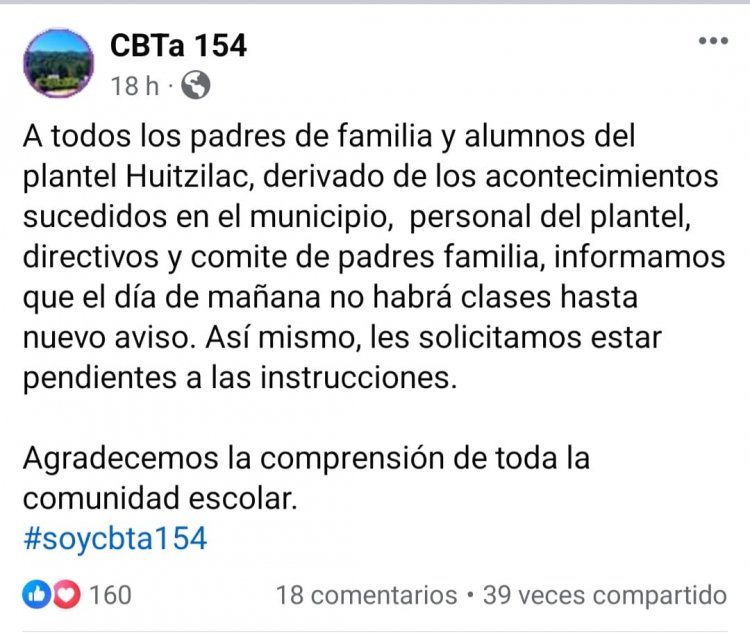 El CBTA 154, de Huitzilac, suspendió clases por crisis de violencia