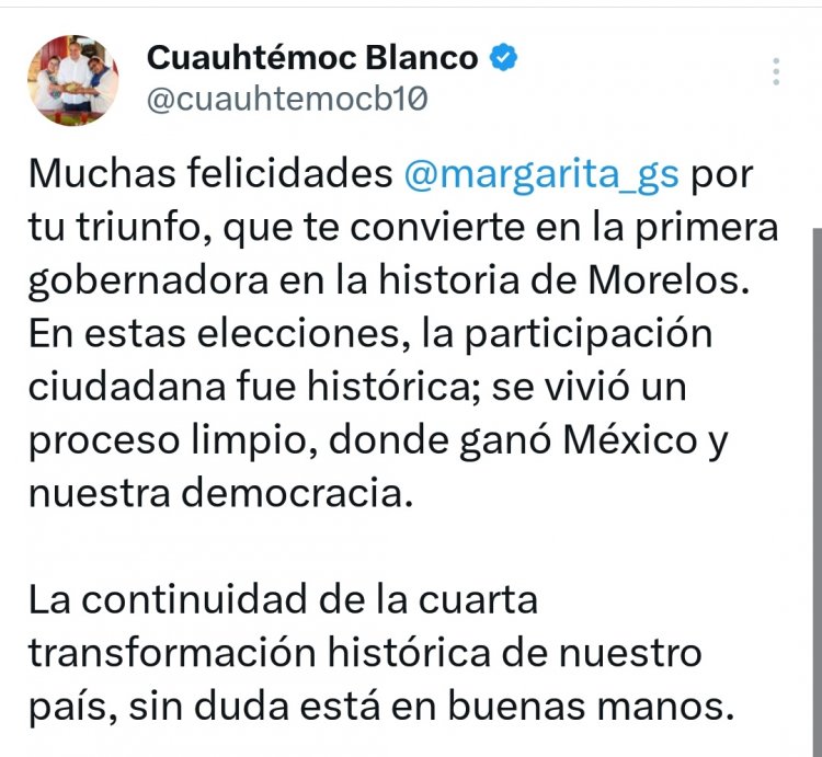 Expresa sus felicitaciones Cuauhtémoc a Margarita