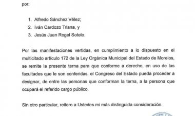 La gobernadora envió terna para presidente municipal de Tepalcingo