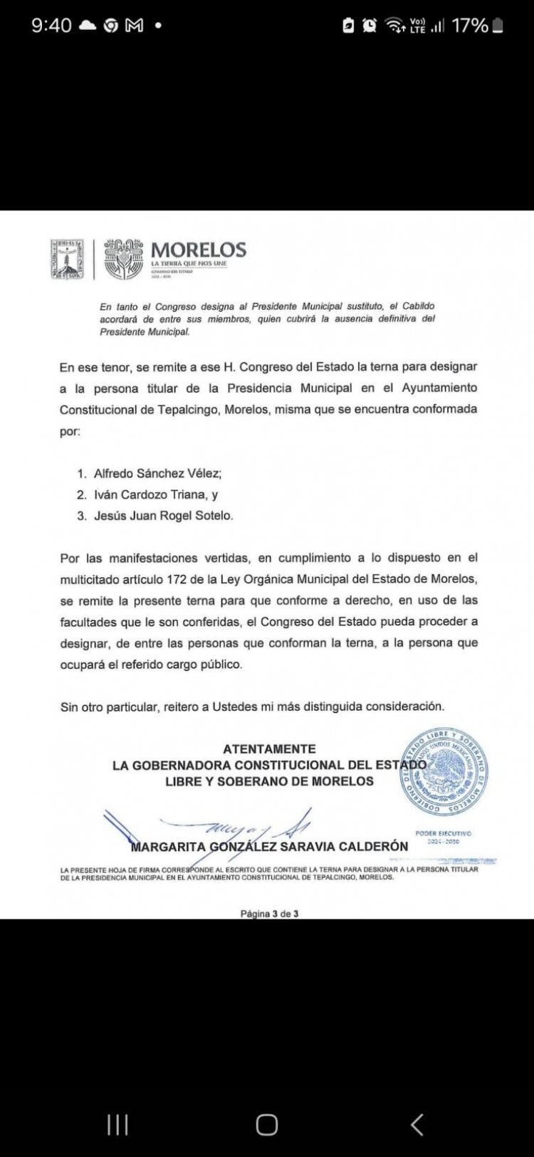 La gobernadora envió terna para presidente municipal de Tepalcingo