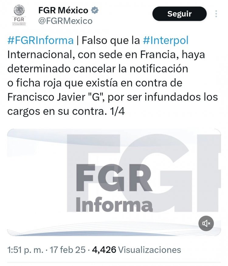 Ficha roja contra Cabeza de Vaca está suspendida, NO cancelada: FGR