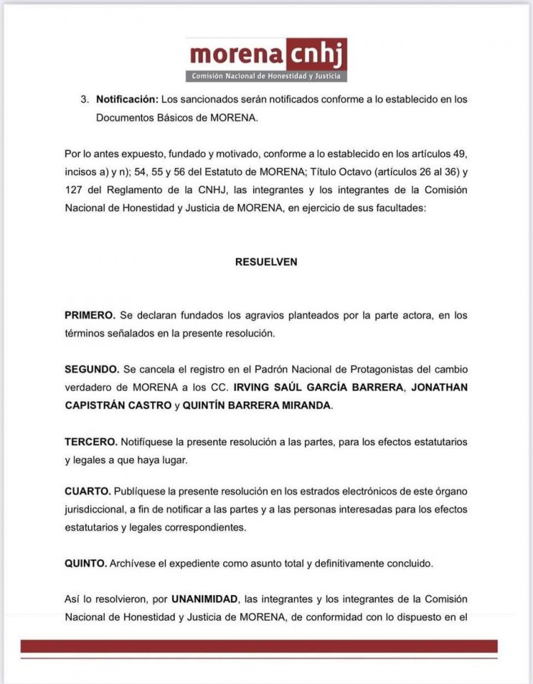 Echan de Morena a exfundador en Morelos, Quintín Barrera y dos más