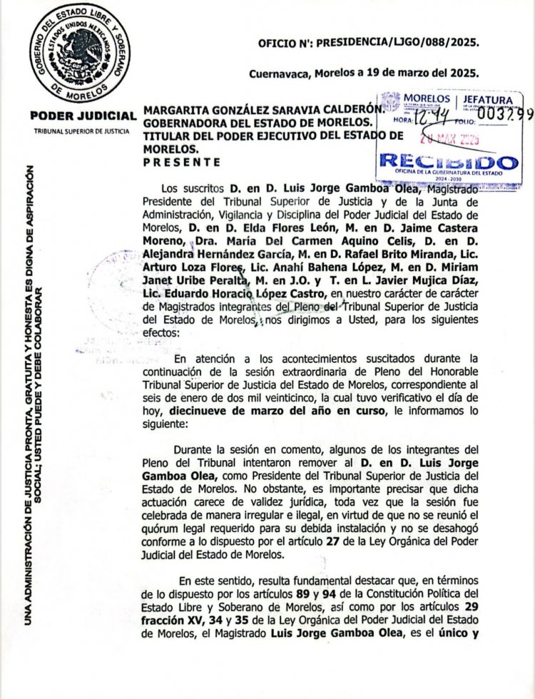 11 magistrados apuntalan a Gamboa Olea ante Poderes