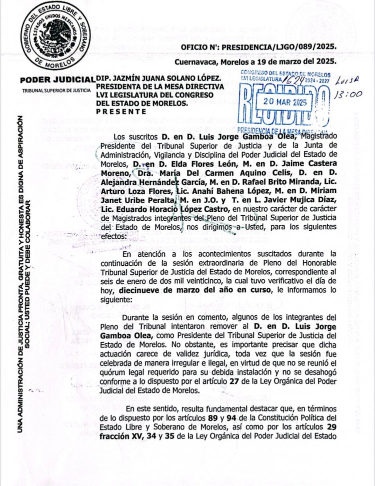 11 magistrados apuntalan a Gamboa Olea ante Poderes