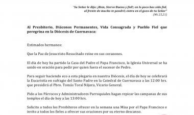 Invita obispo a replicar campanas a las 13:00 por el Papa Francisco