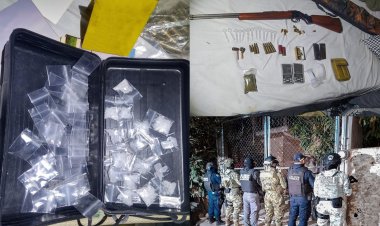 Narcóticos, dos básculas, pipas, rifle y cartuchos, asegurados durante cateo