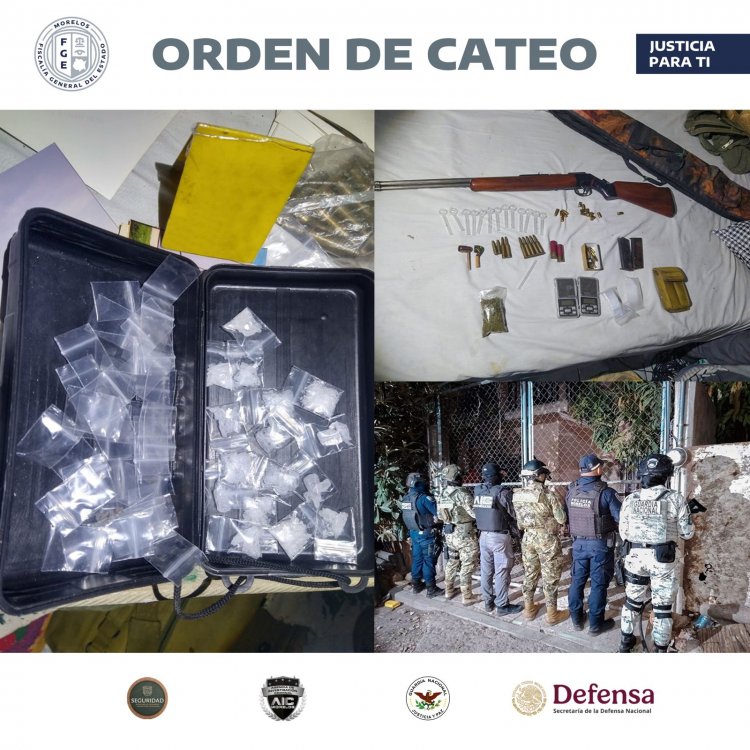 Narcóticos, dos básculas, pipas, rifle y cartuchos, asegurados durante cateo