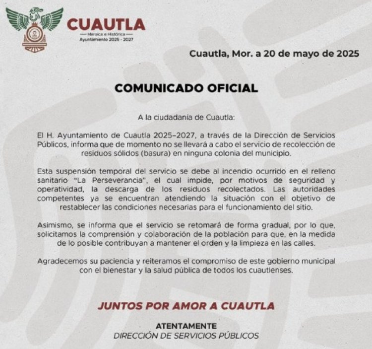 Suspenden servicio de recolección de basura en Cuautla