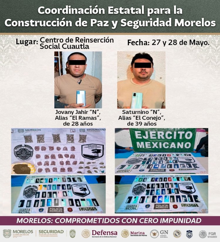 En operativo en cárcel de Cuautla, quitan  celulares a extorsionadores y marihuana