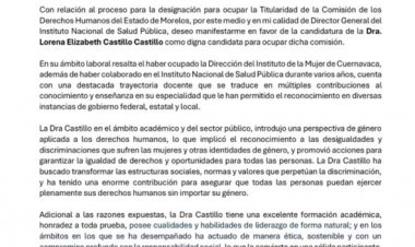 Apoyó director general del INSP candidatura de Lorena Castillo