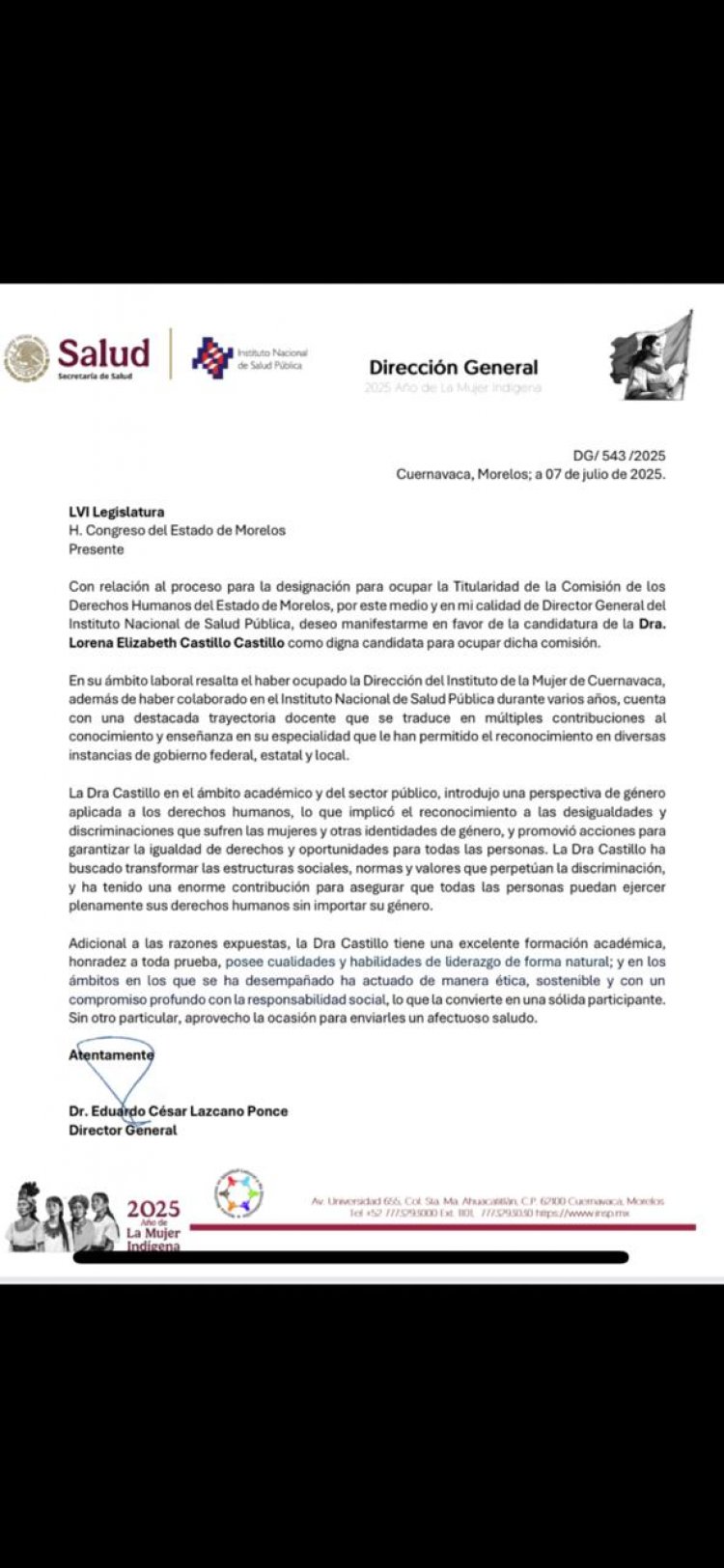 Apoyó director general del INSP candidatura de Lorena Castillo