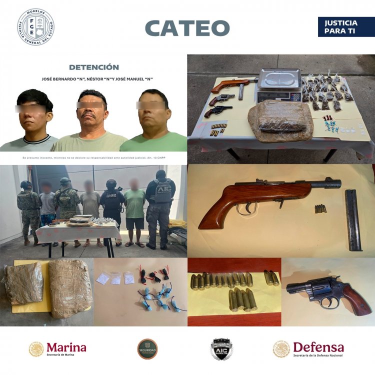 Marihuana, "cristal" y armas de  fuego, en cateo; tres detenidos