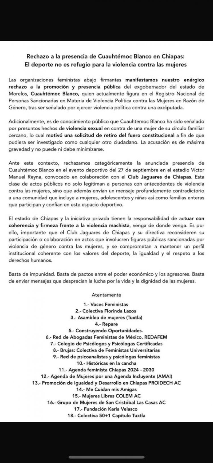 Repudian llegada de Blanco a Chiapas próximo domingo