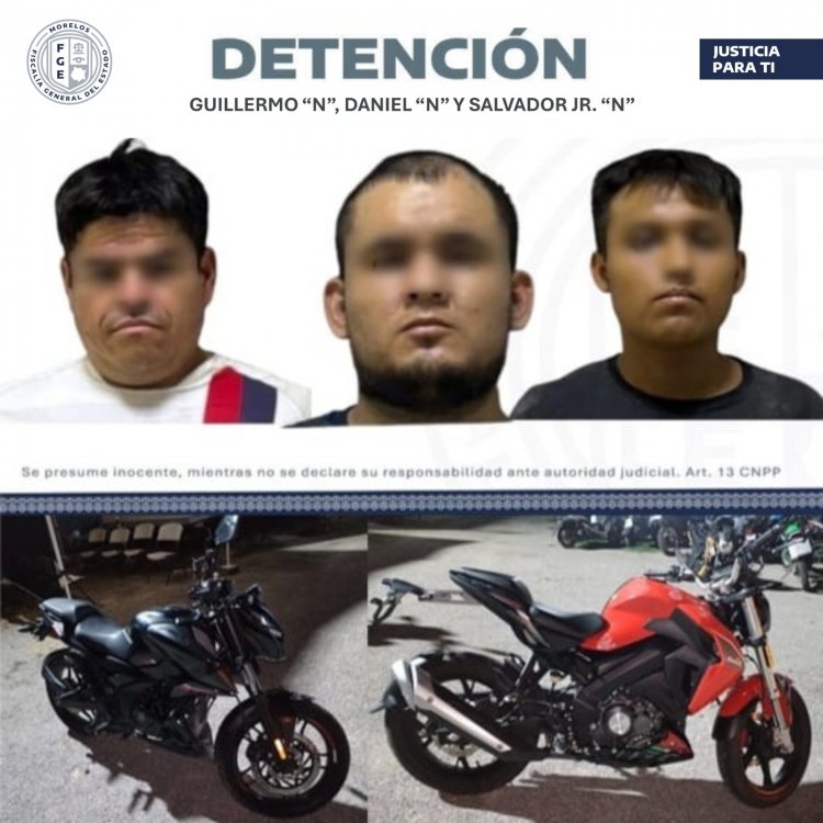 Montados en 2 motos robadas, cayeron estos tres en E. Zapata