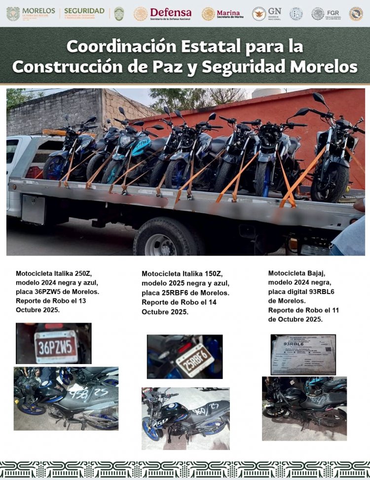 Recuperan 11 motocicletas con reporte de robo en Zapata