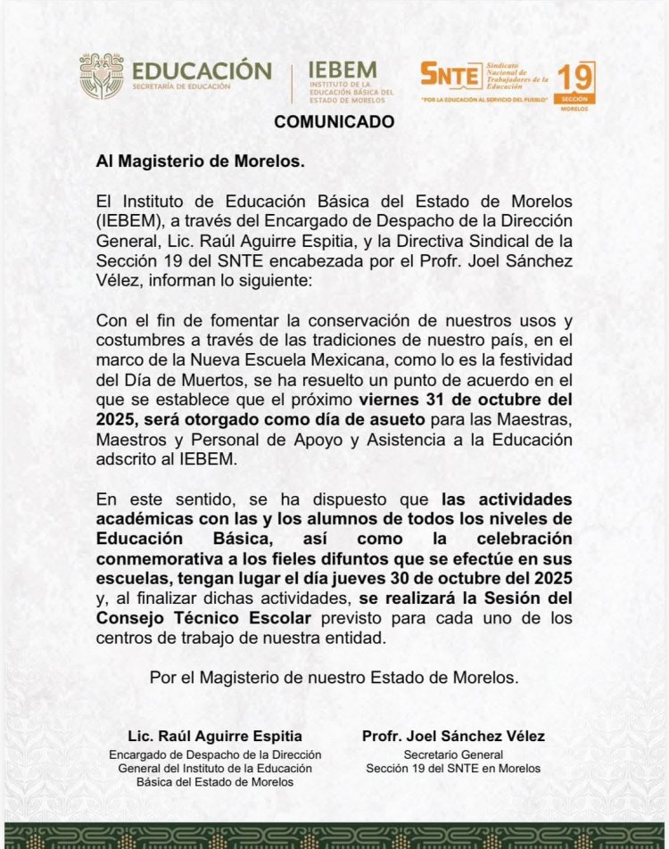 Suspenden clases este viernes 31 de octubre