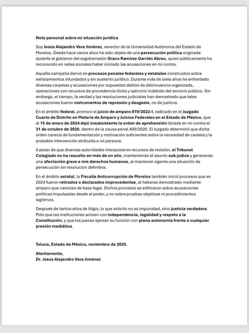Alejandro Vera, detenido por FGR, dice no buscar impunidad y sí, justicia