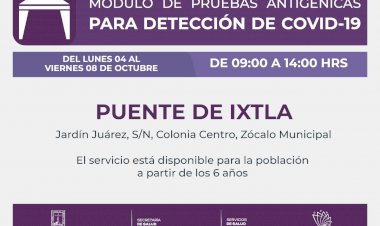 Pruebas antigénicas de covid estarán  disponibles en P. de Ixtla esta semana
