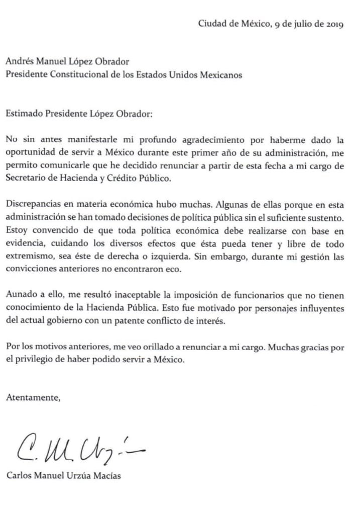 Última hora: renuncia Carlos Urzúa, secretario de Hacienda