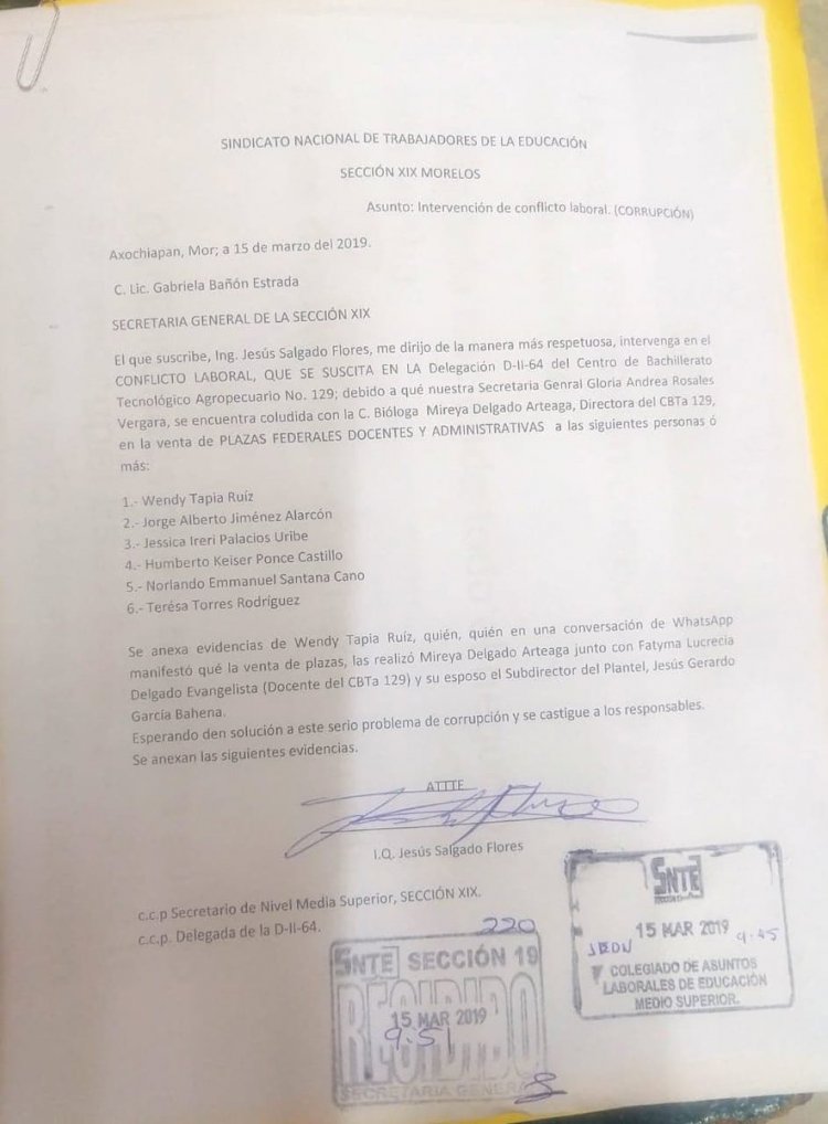«Vende plazas docentes directora del  CBTA en Axochiapan», denuncian