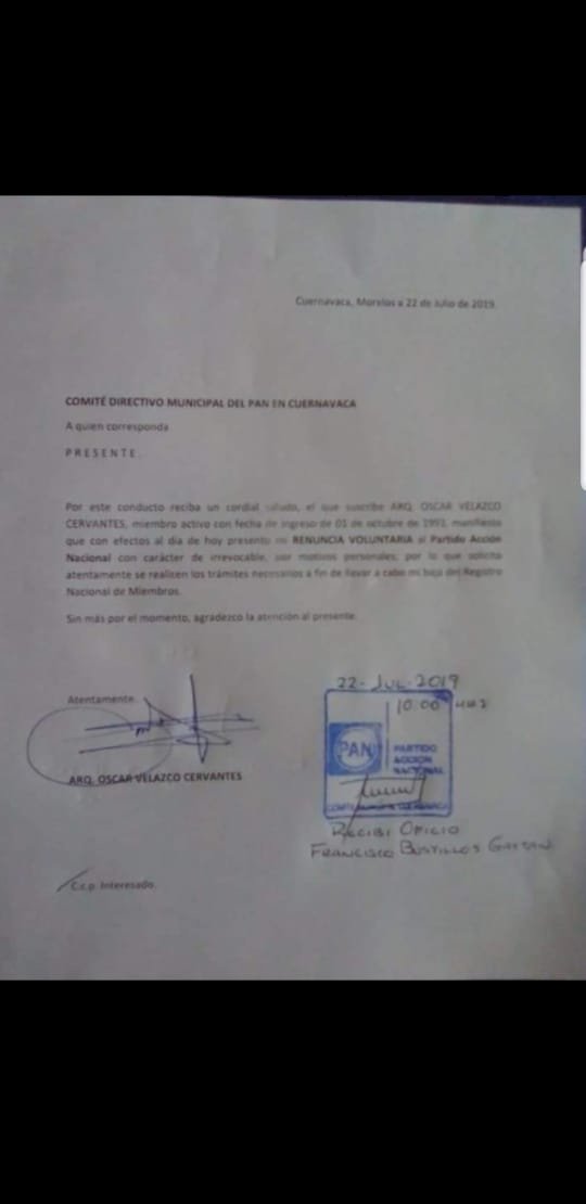 Renunció al PAN «por motivos  personales» Óscar Velazco Cervantes