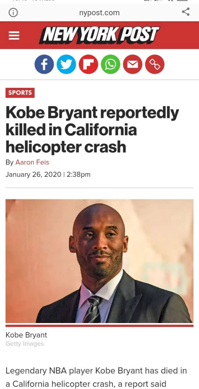 Se mató hoy Kobe Bryant en accidente de helicóptero
