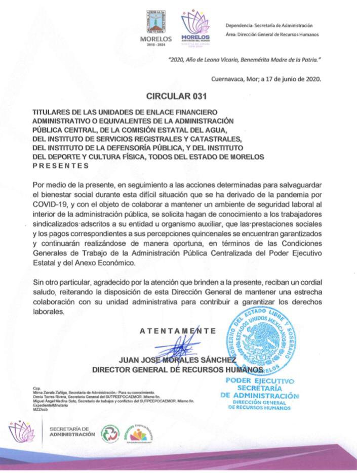 Garantiza gobierno de Morelos respeto a los derechos de los trabajadores sindicalizados ante pandemia por covid-19