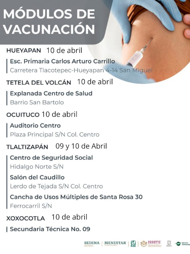 Llegan vacunas este viernes a Hueyapan, T. del Volcán, Ocuituco, Tlaltizapán y Xoxocotla