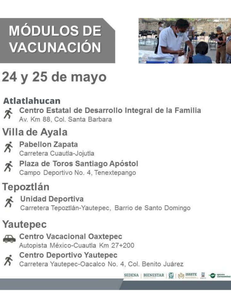 Vacuna a adultos de 50 a 59 de Atlatlahucan, Ayala, Tepoztlán y Yautepec