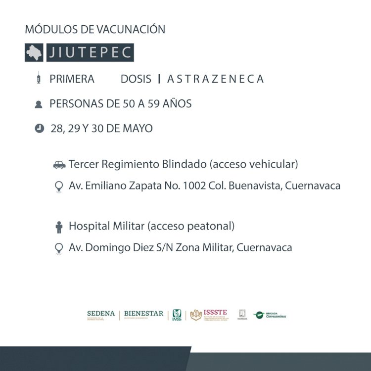 Arranca vacunación a los de 50-59 de Zapata, Jiutepec, Huitzilac, Temixco y Xochitepec