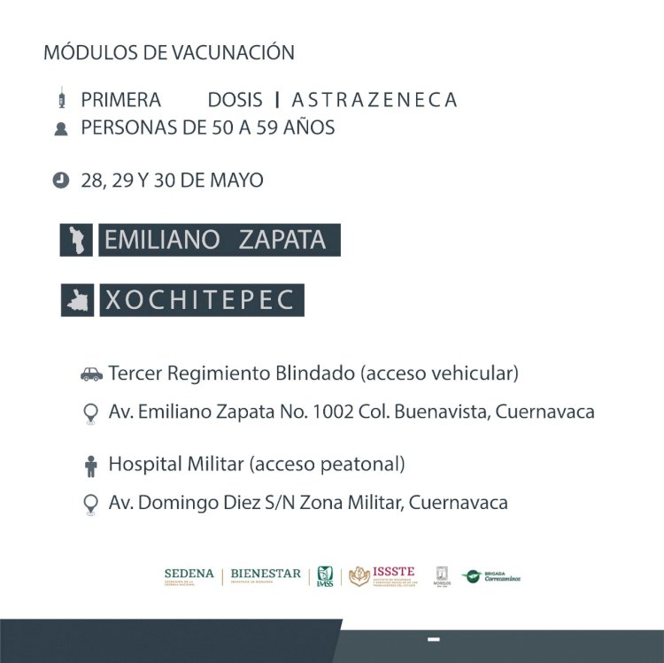 Arranca vacunación a los de 50-59 de Zapata, Jiutepec, Huitzilac, Temixco y Xochitepec