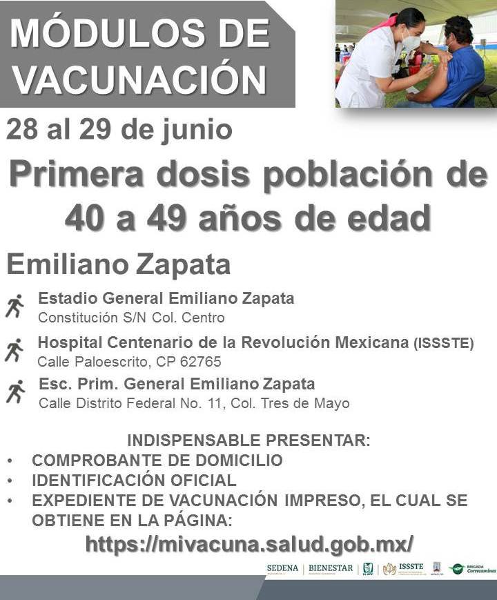 Zacatepec, Jojutla y E. Zapata, siguientes en vacuna a los de 40-49