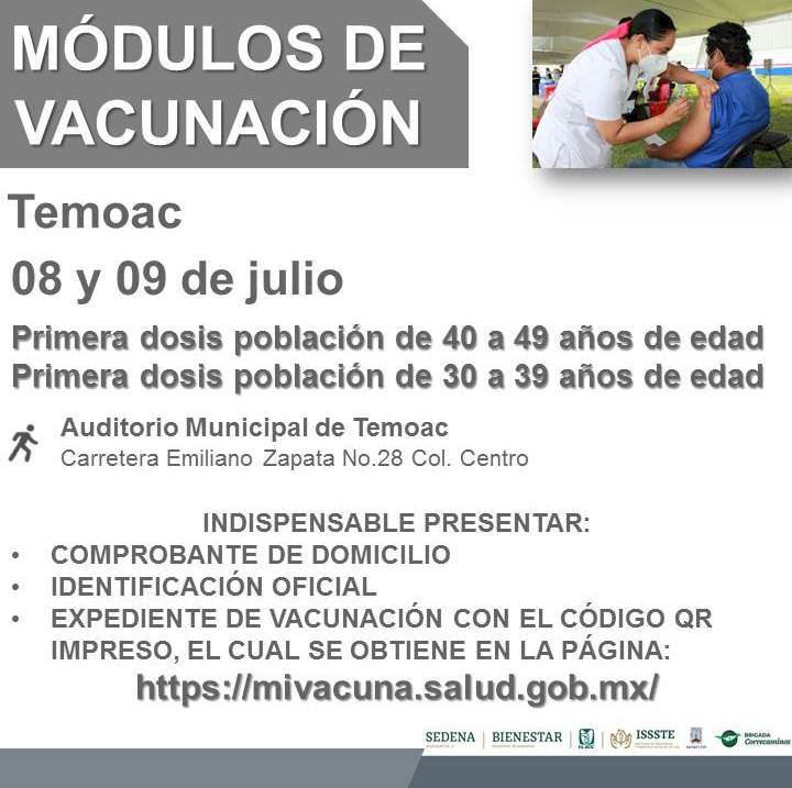 Los de 30 a 49 de Jonacatepec, Jantetelco, Temoac y Zacualpan son vacunados hoy