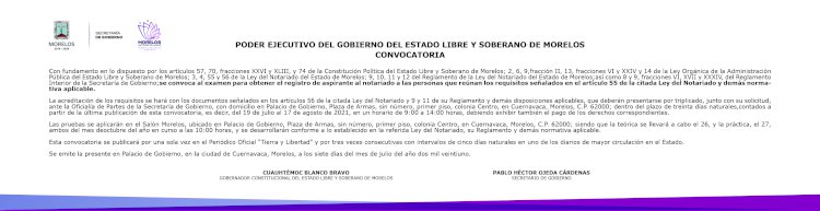 Emite gobierno del Estado, convocatoria para los aspirantes al Notariado en Morelos