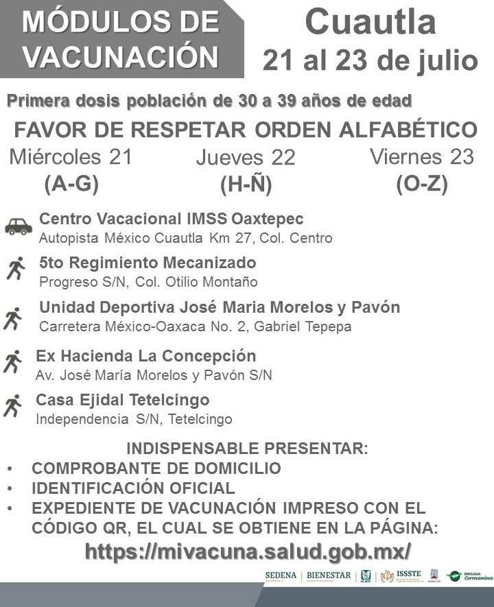 Comienza vacunación a los de 30 a 39 de Cuernavaca, Cuautla y Jiutepec