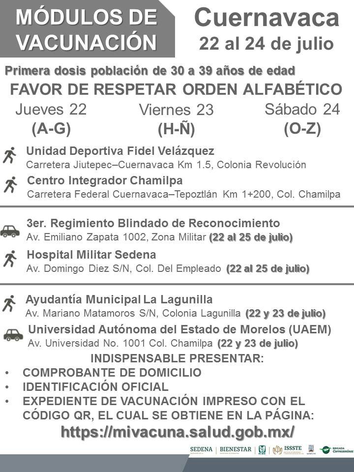 Comienza vacunación a los de 30 a 39 de Cuernavaca, Cuautla y Jiutepec