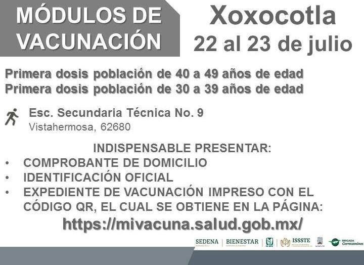 Toca ahora vacuna a los  de 30 a 49 de Xoxocotla