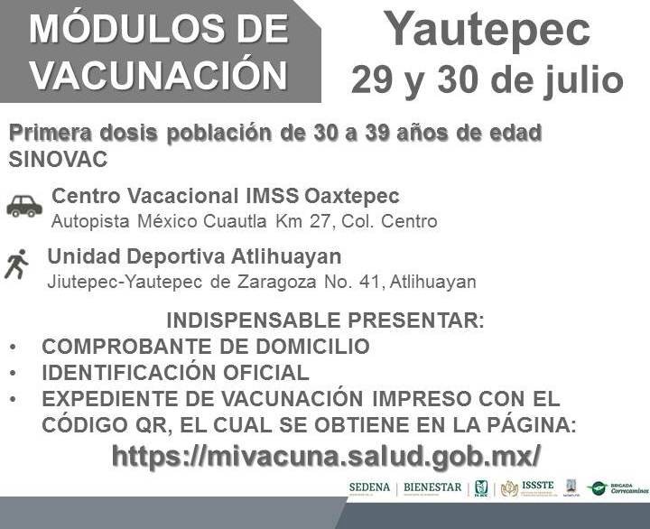 Treintañeros de Tepoztlán, Yecapixtla, Tlayacapan y Yautepec se vacunan esta semana