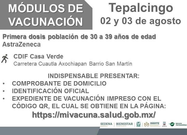 Continúa vacunación anticovid  a treintañeros de 3 municipios