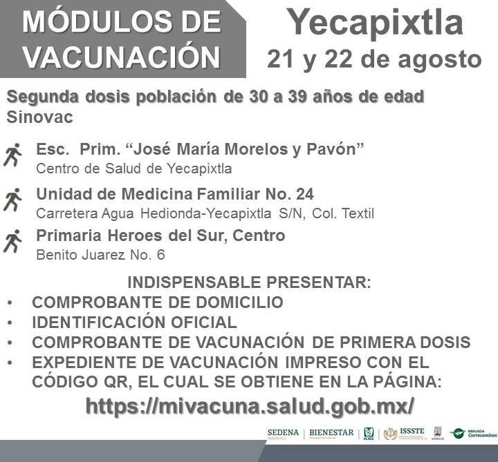Hoy hay segunda dosis para treintañeros de Jojutla y Yautepec; en Yecapixtla, mañana