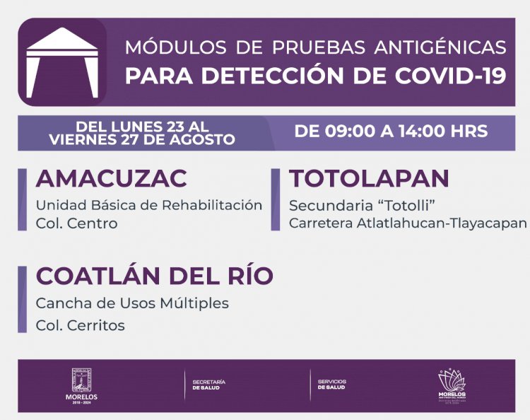 Pruebas antigénicas esta semana en Coatlán del R., Amacuzac y Totolapan